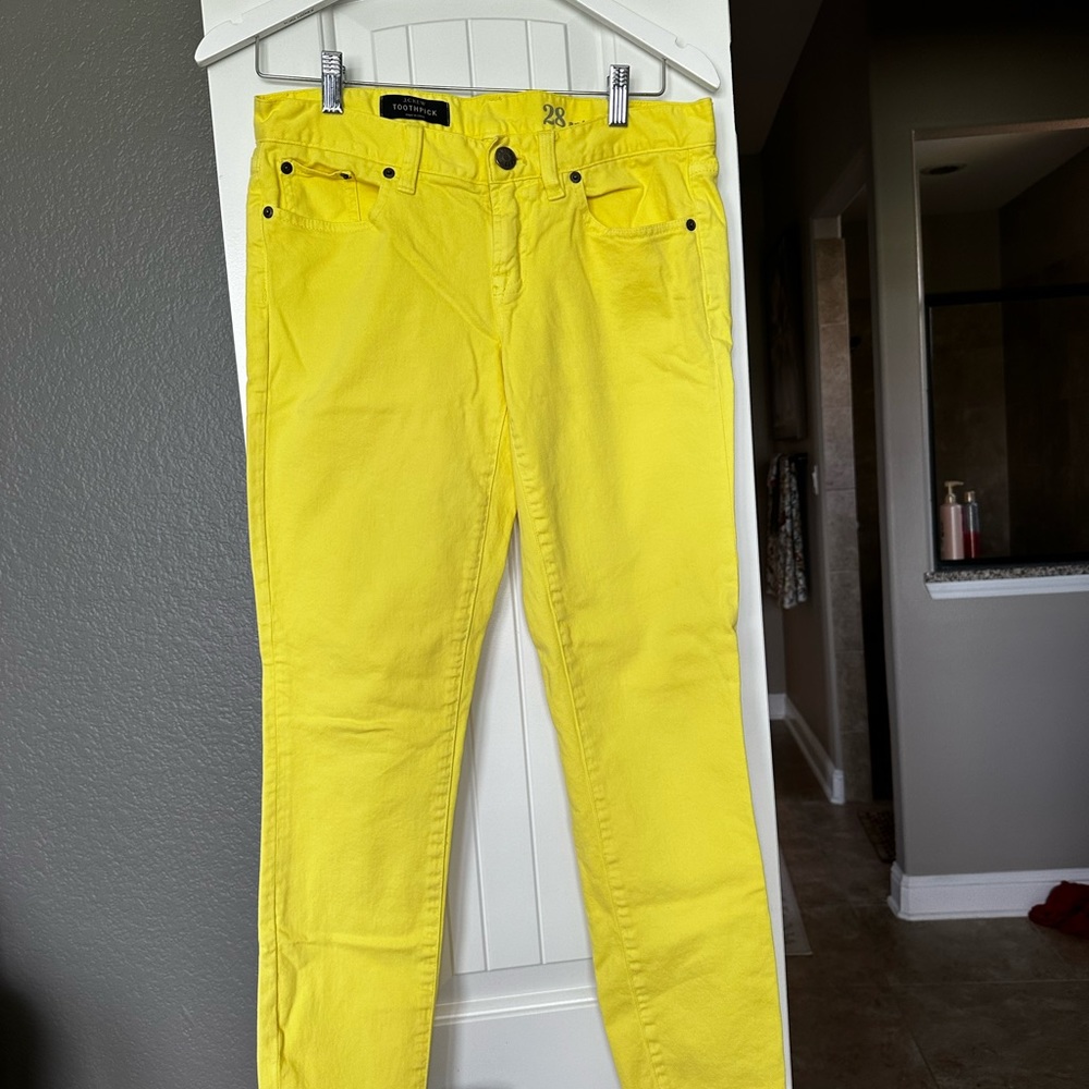 J. Crew, toothpick jeans, bright yellow, ankle, size 28, good condition, used